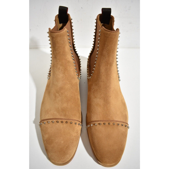 Christian Louboutin Mens Chelsea Cloo Flat Cinnamon Brown Suede Spike Boot 42 9 - Picture 7 of 12